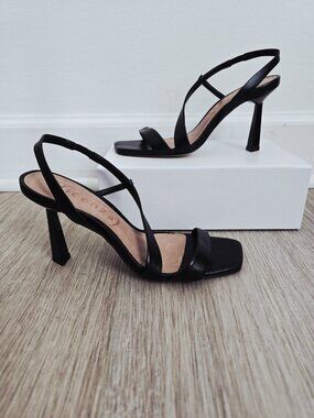 Vicenza Asymmetrical Strappy Heels Black Open Square Toe Slip On Leather Shoes 7